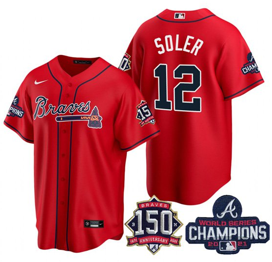 Men's Atlanta Braves #12 Jorge Soler 2021 Red World Series Champions With 150th Anniversary Patch Cool Base Stitched Jersey Men's Atlanta Braves #12 Jorge Soler 2021 Red World Series Champions With 150th Anniversary Patch Cool Base Stitched Jersey